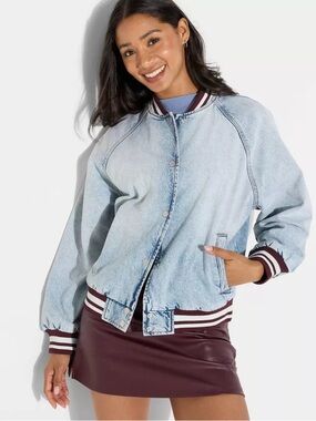 NWT Wild Fable Light Wash Denim Varsity Jacket Burgundy NEW